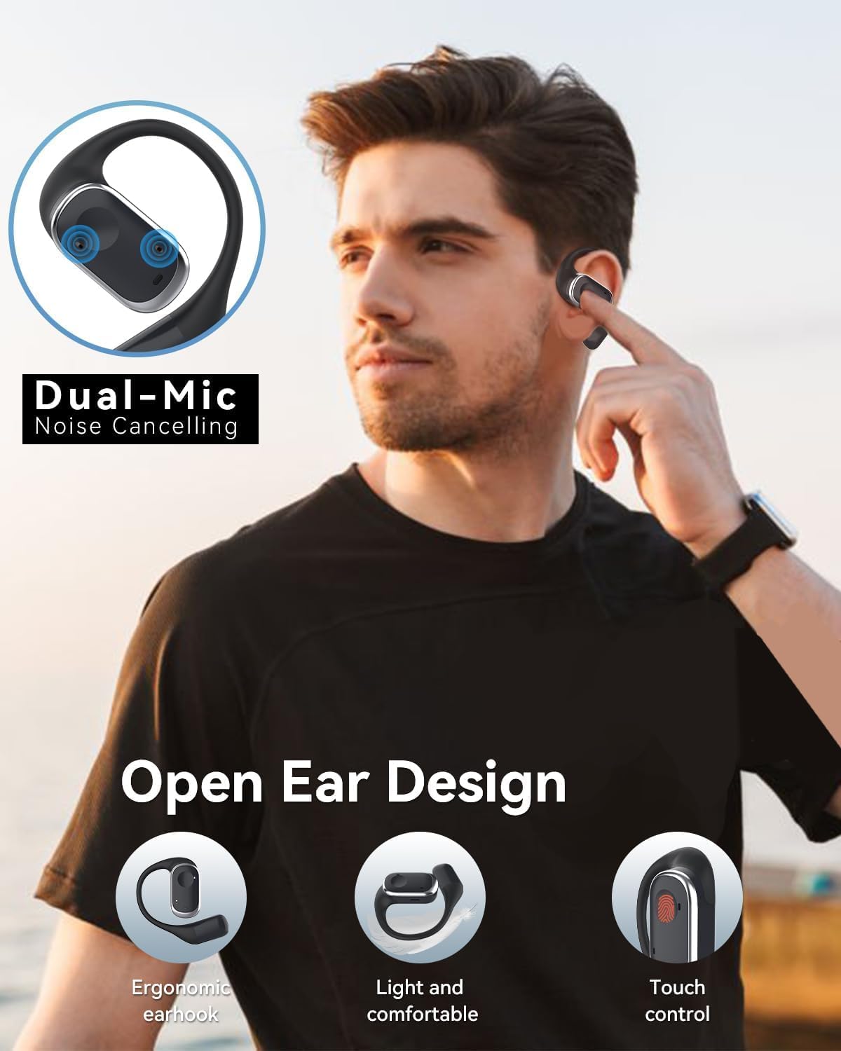 SANOTO Open Ear Headphones Bluetooth 5.3, Touch Controlled Air Conduction Earphones Headphones Wireless Bluetooth Headphones Sport, IPX6 Waterproof, 30H Playtime, Suitable for Movement, Games