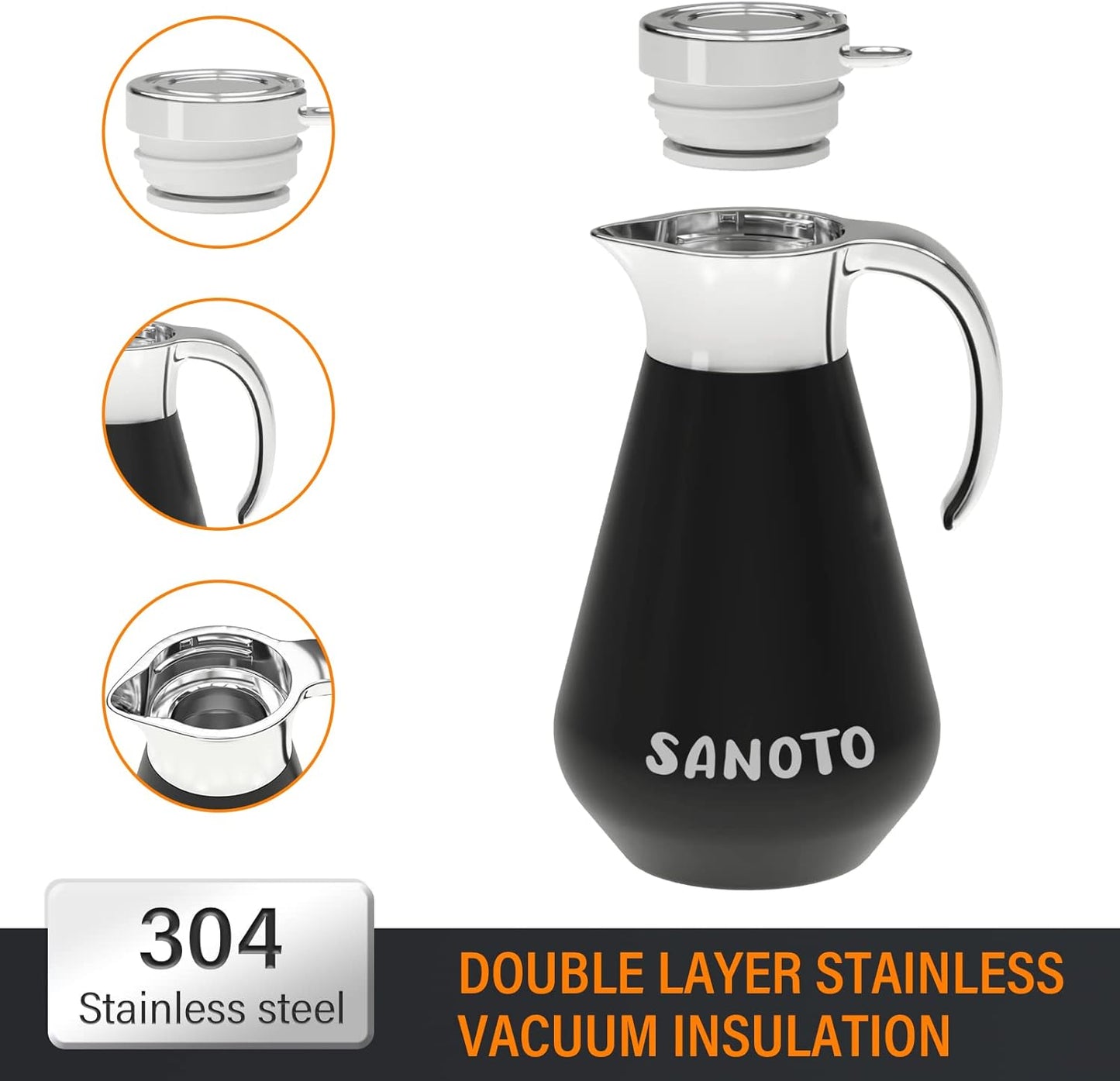 SANOTO Thermos Flask 1 Litre Stainless Steel 304, Teapot Thermal Insulated Coffee Pot, Double-Walled Insulated Jug Stainless Steel, 12 Hours Hot / 24 Hours Cold, Ideal as a Coffee Pot or Teapot