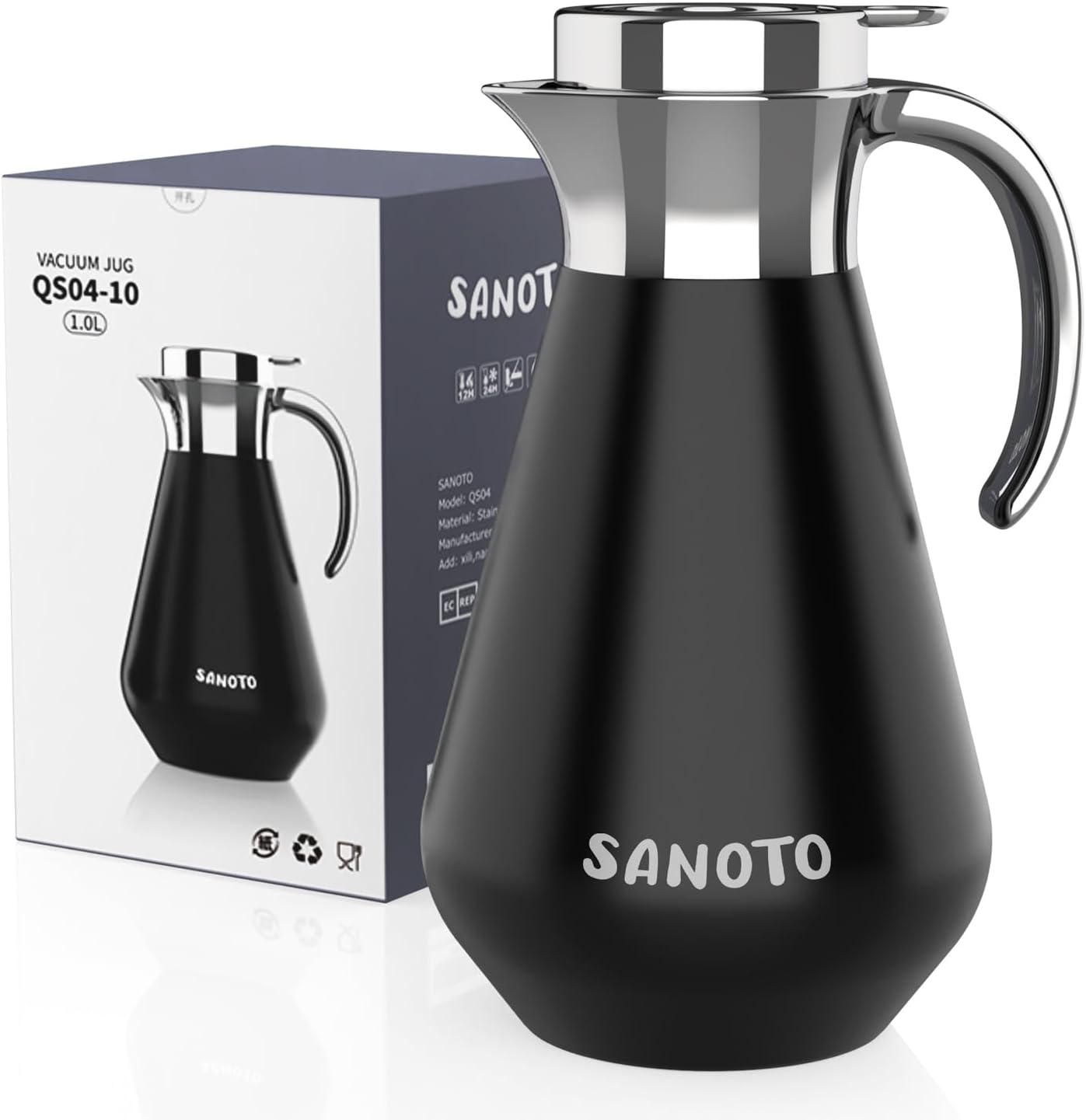 SANOTO Thermos Flask 1 Litre Stainless Steel 304, Teapot Thermal Insulated Coffee Pot, Double-Walled Insulated Jug Stainless Steel, 12 Hours Hot / 24 Hours Cold, Ideal as a Coffee Pot or Teapot