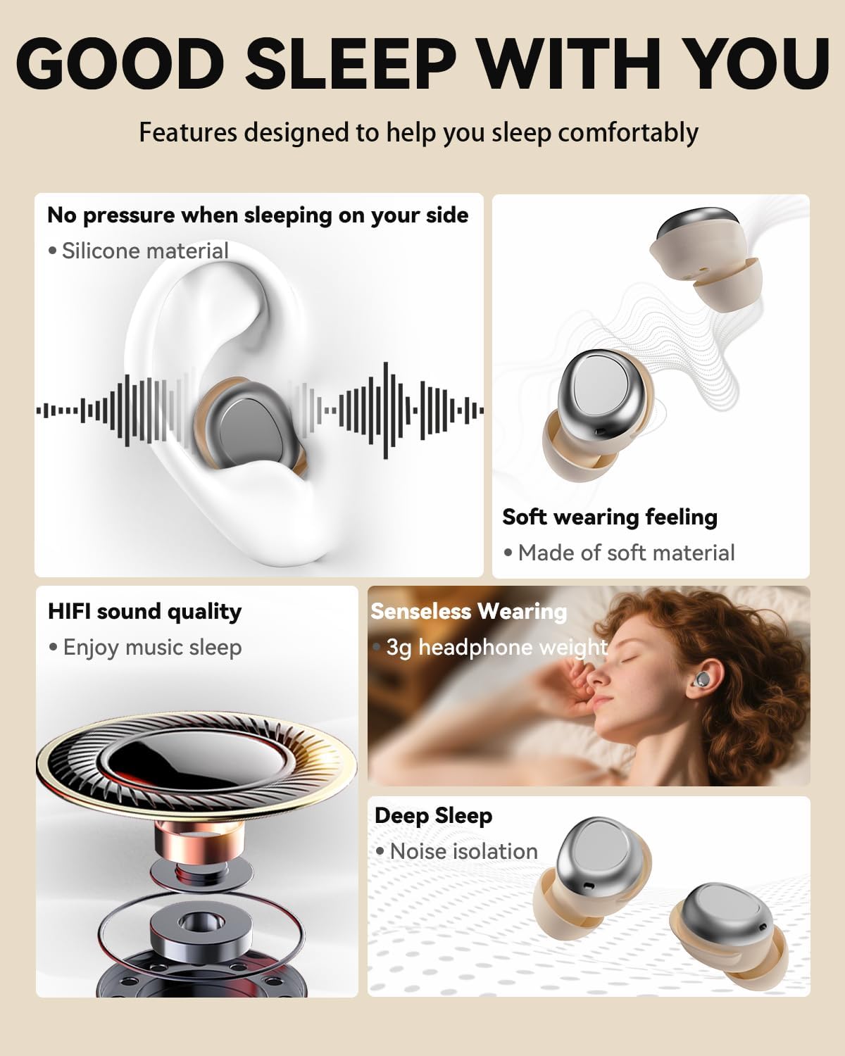 SANOTO Sleep Headphones Bluetooth, Noise Cancelling Headphones In Ear, Sleepbuds Sleep Headphones Side Sleepers, 48 Hours Battery Life Headphones for Sleeping, Sports Wireless Headphones