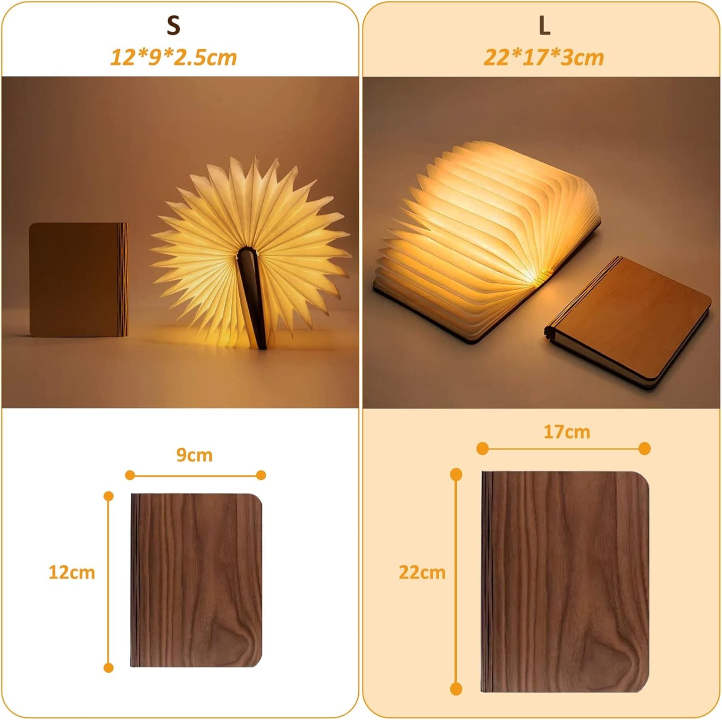 SANOTO Book Lamp Foldable Wood, Walnut LED Book 360° Foldable Magnetic Book Lights with 2500 mAh Battery Lithium Battery Rechargeable Desk Lamp Ambient Light Decorative Lamp (20 x 16 x 2.5 cm)