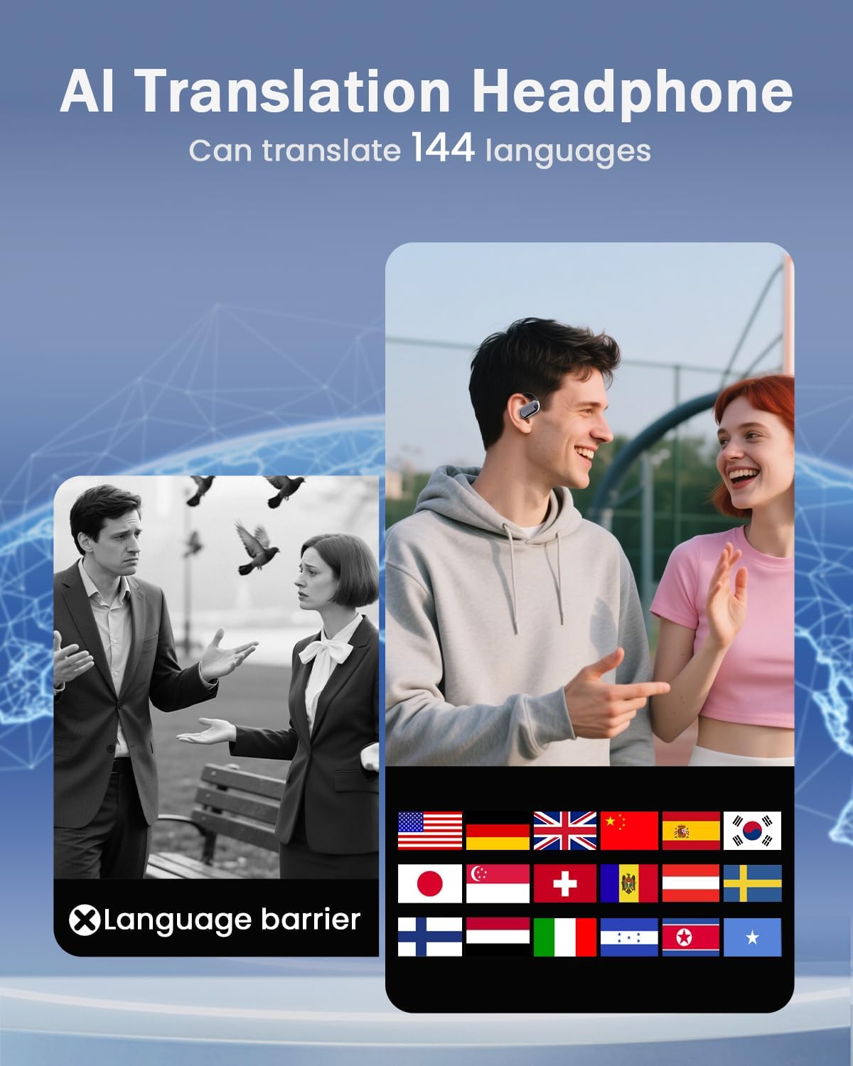 SANOTO AI Translator Headphones, 144 Languages Translator Earbuds with OWS LCD Touch Screen, Open Ear Headphones Bluetooth, Headphones Translator for Travel, Business, Studies
