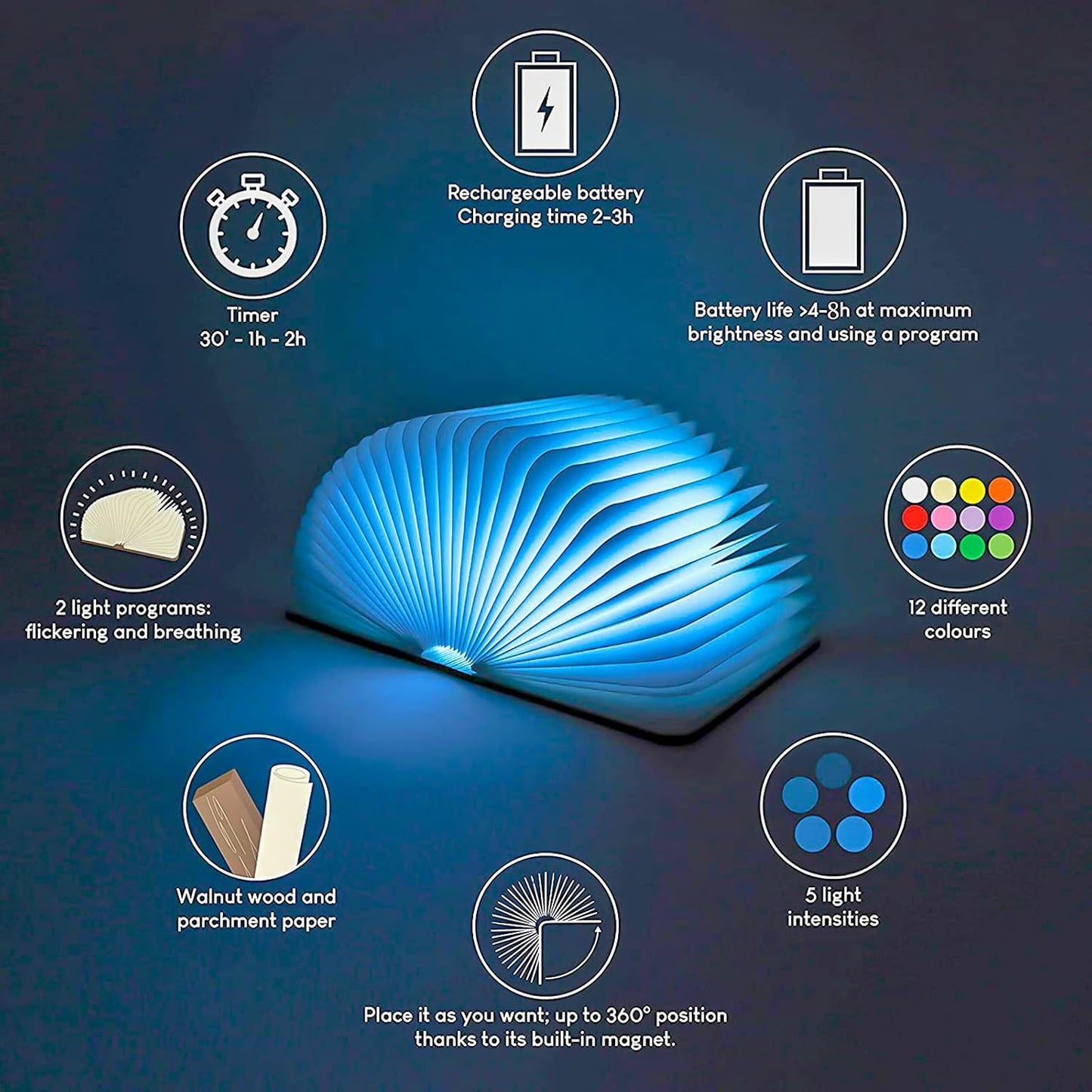 SANOTO Book Lamp in 12 Colours, Book Lamp, Foldable Wood, Book Night Lamp, Book Light, LED Reading Lamp, Book Light, Reading Lamp, Can Be Used as Reading Book Light, Bedside Lamp - Walnut