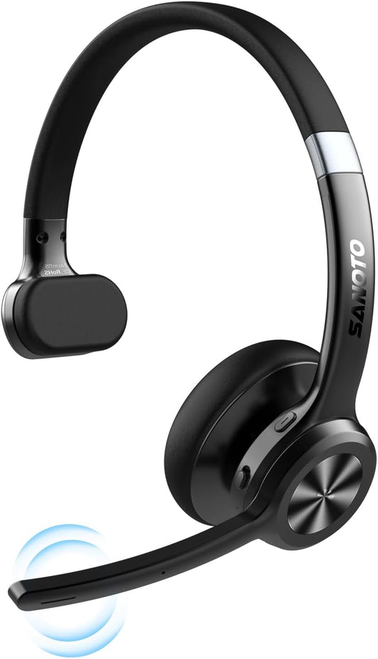 SANOTO Bluetooth Headset with Microphone, Wireless Headset with Noise Cancellation, 30 Hours Calls, PC Headset Bluetooth V5.2 for Call Center, Office, Zoom, Microsoft