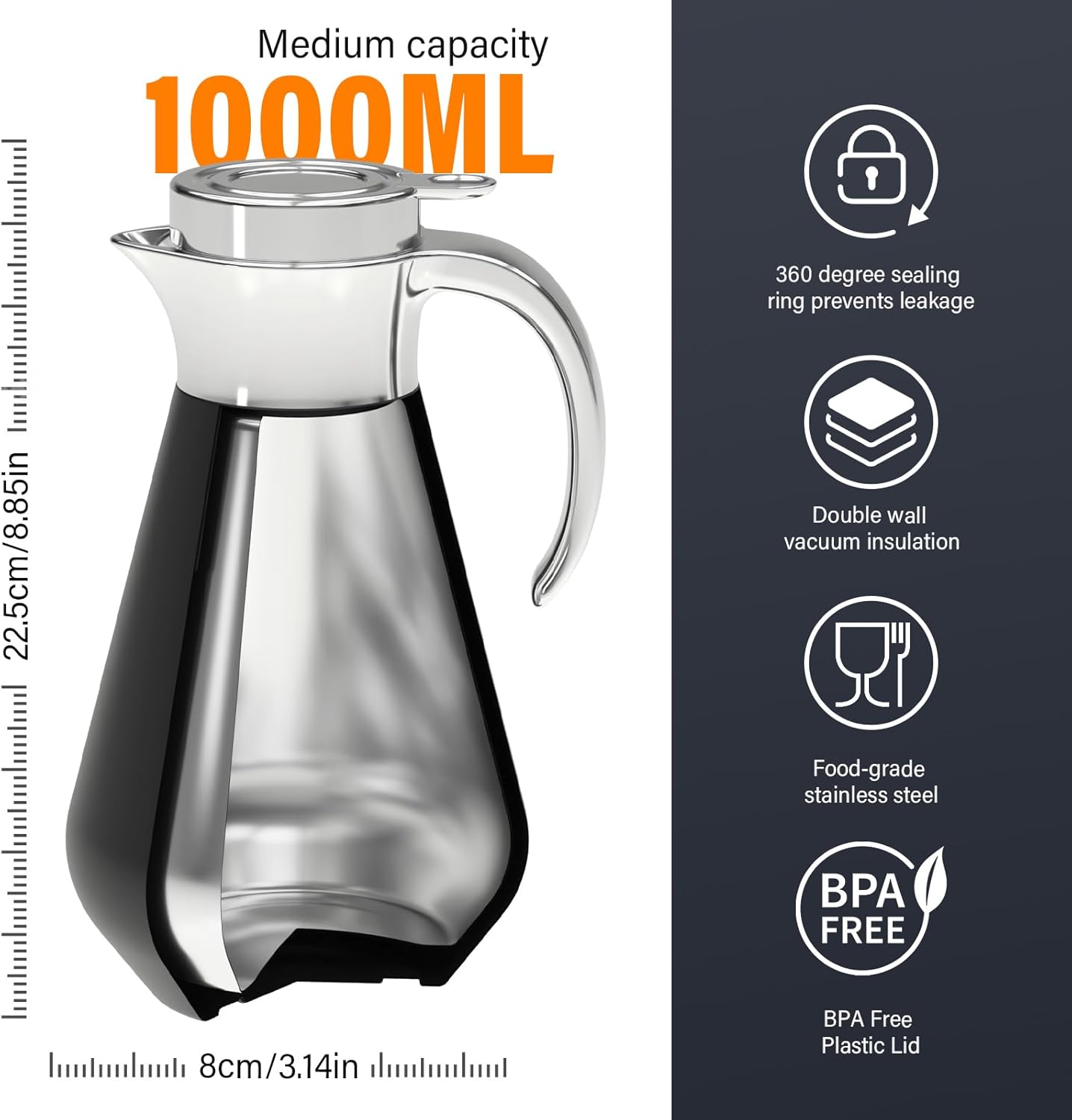 SANOTO Thermos Flask 1 Litre Stainless Steel 304, Teapot Thermal Insulated Coffee Pot, Double-Walled Insulated Jug Stainless Steel, 12 Hours Hot / 24 Hours Cold, Ideal as a Coffee Pot or Teapot