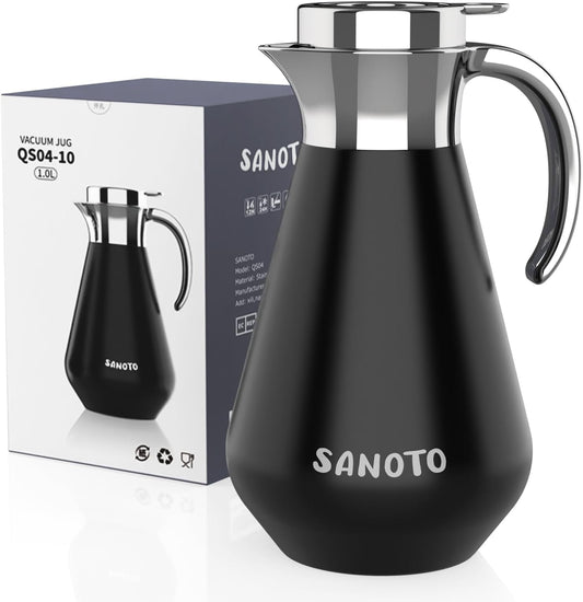 SANOTO Thermos Flask 1 Litre Stainless Steel 304, Teapot Thermal Insulated Coffee Pot, Double-Walled Insulated Jug Stainless Steel, 12 Hours Hot / 24 Hours Cold, Ideal as a Coffee Pot or Teapot