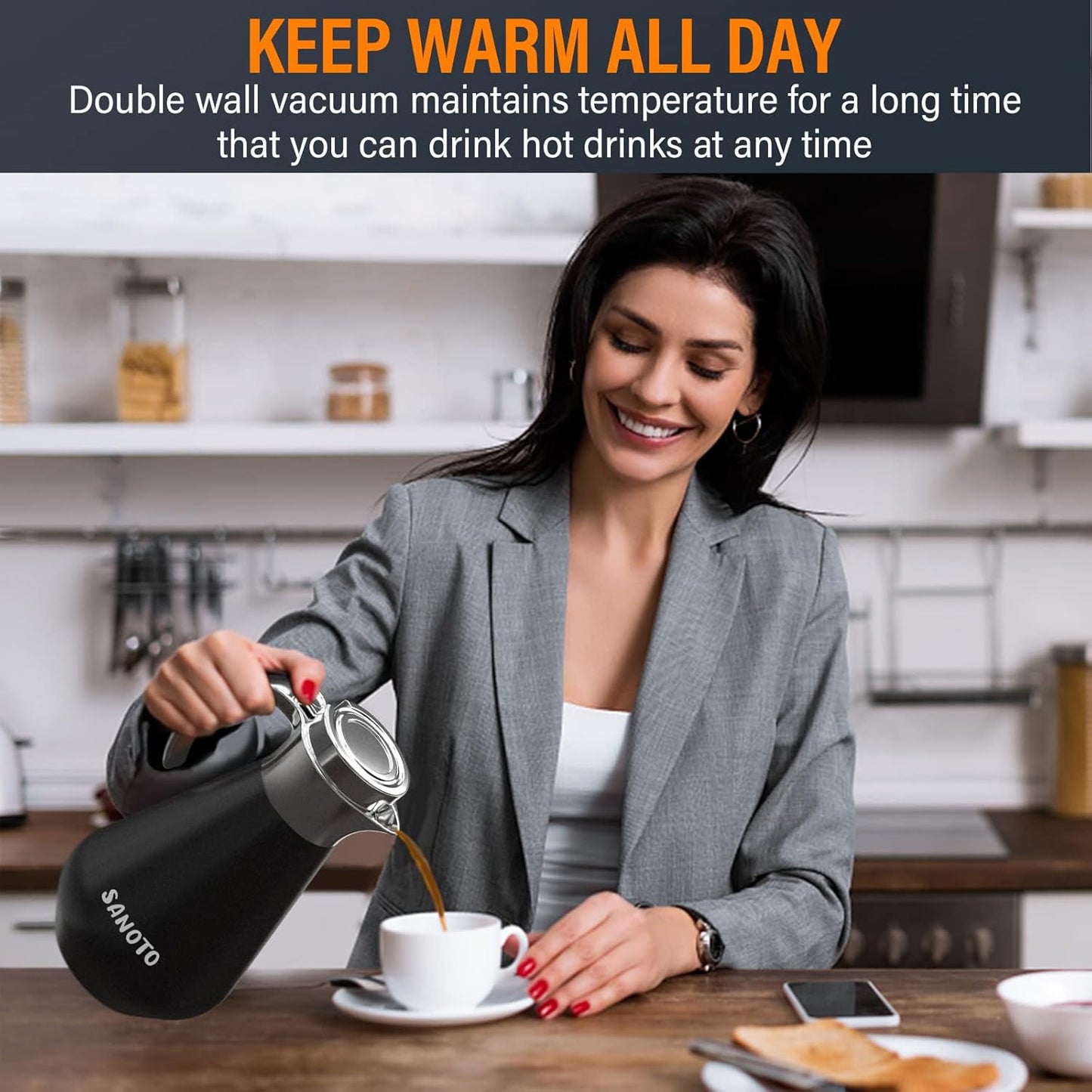 SANOTO Thermos Flask 1 Litre Stainless Steel 304, Teapot Thermal Insulated Coffee Pot, Double-Walled Insulated Jug Stainless Steel, 12 Hours Hot / 24 Hours Cold, Ideal as a Coffee Pot or Teapot