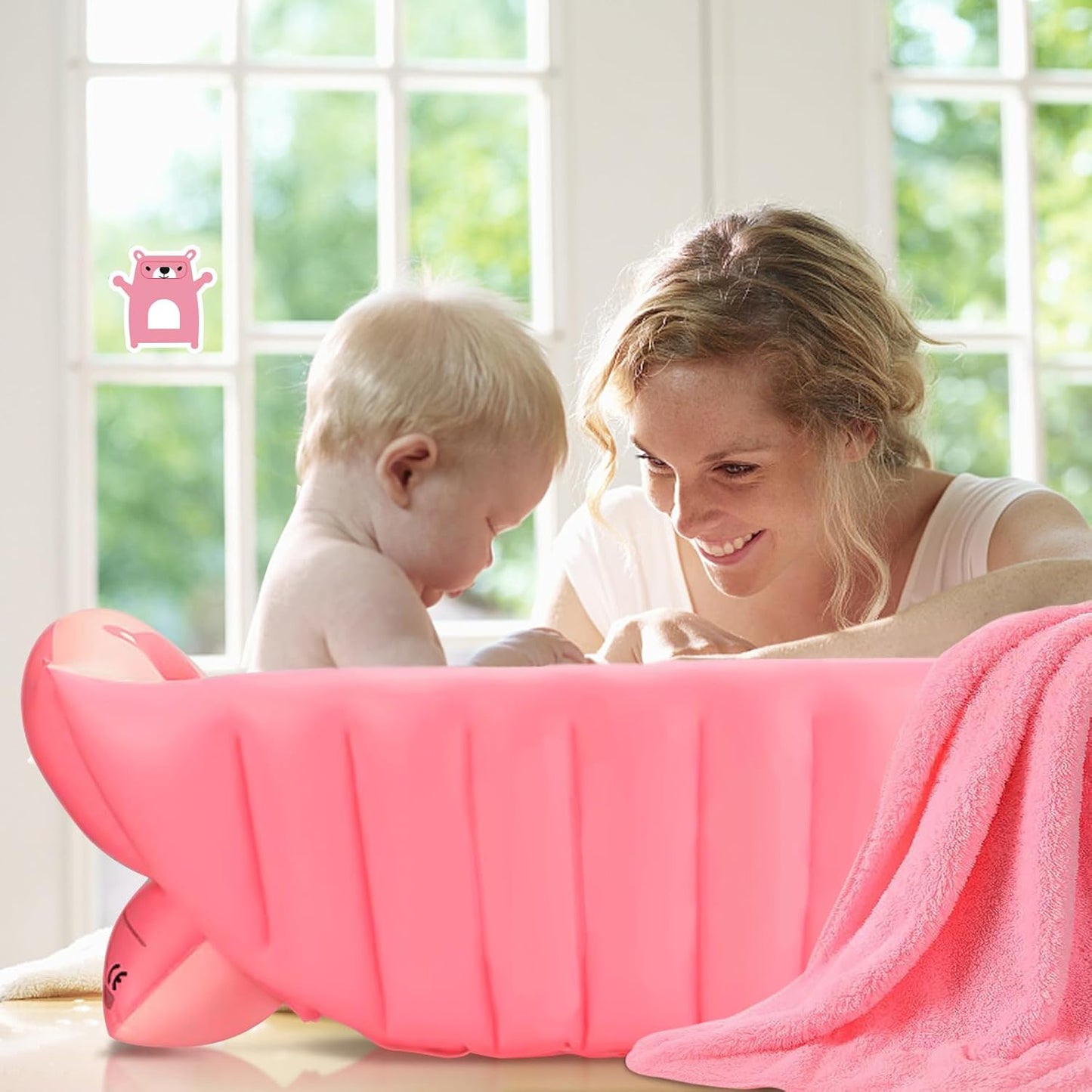 SANOTO Baby Bathtub, 0-36 Months, Inflatable Foldable Non-Slip Soft Bathtub, Baby, Children, Newborn, Portable Baby Bathtub, Foldable Toddler - Pink