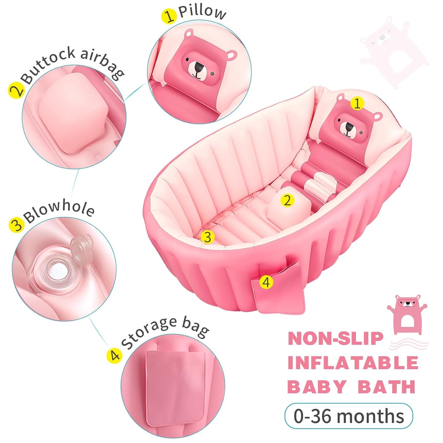 SANOTO Baby Bathtub, 0-36 Months, Inflatable Foldable Non-Slip Soft Bathtub, Baby, Children, Newborn, Portable Baby Bathtub, Foldable Toddler - Pink