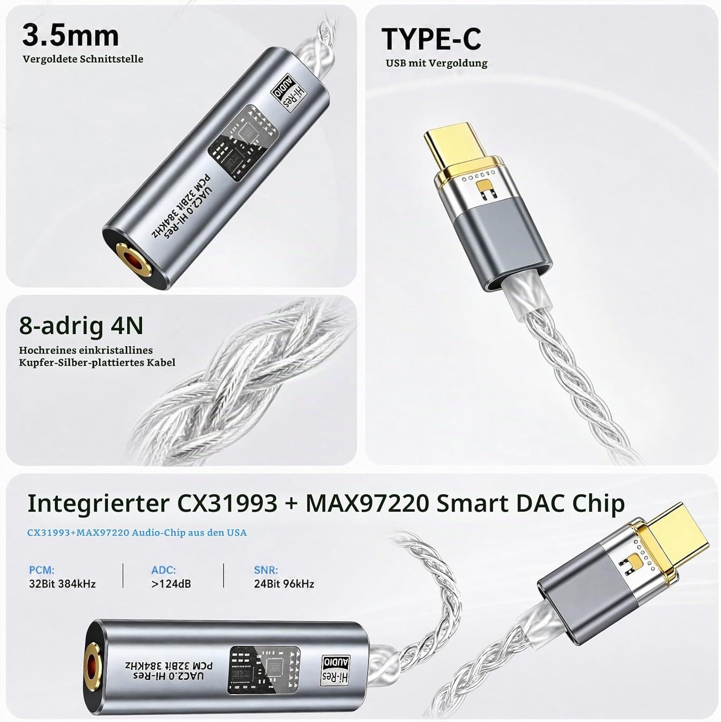 ANSTEN Verstärker HiFi Stereo Adapter USB C auf Klinke, HiFi Verstärker