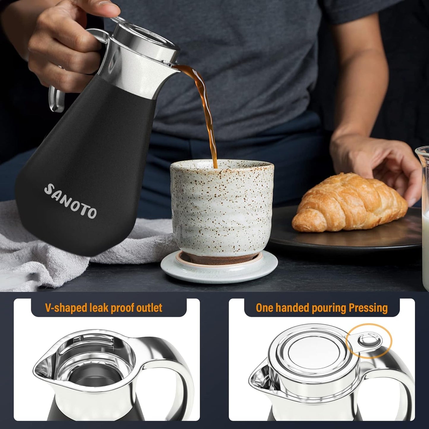SANOTO Thermos Flask 1 Litre Stainless Steel 304, Teapot Thermal Insulated Coffee Pot, Double-Walled Insulated Jug Stainless Steel, 12 Hours Hot / 24 Hours Cold, Ideal as a Coffee Pot or Teapot
