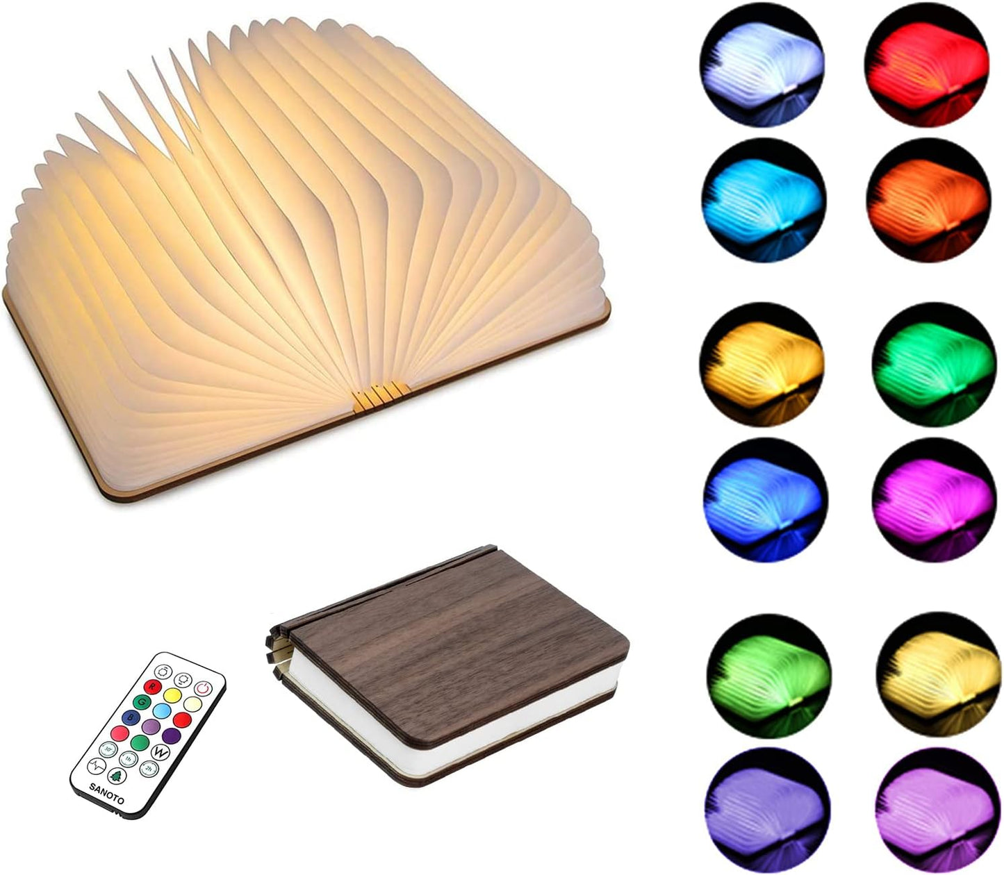 SANOTO Book Lamp in 12 Colours, Book Lamp, Foldable Wood, Book Night Lamp, Book Light, LED Reading Lamp, Book Light, Reading Lamp, Can Be Used as Reading Book Light, Bedside Lamp - Walnut