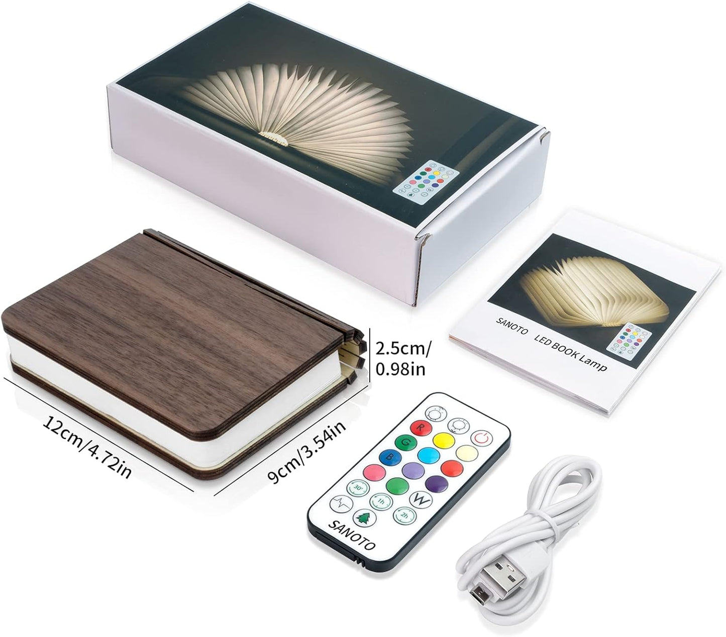 SANOTO Book Lamp in 12 Colours, Book Lamp, Foldable Wood, Book Night Lamp, Book Light, LED Reading Lamp, Book Light, Reading Lamp, Can Be Used as Reading Book Light, Bedside Lamp - Walnut