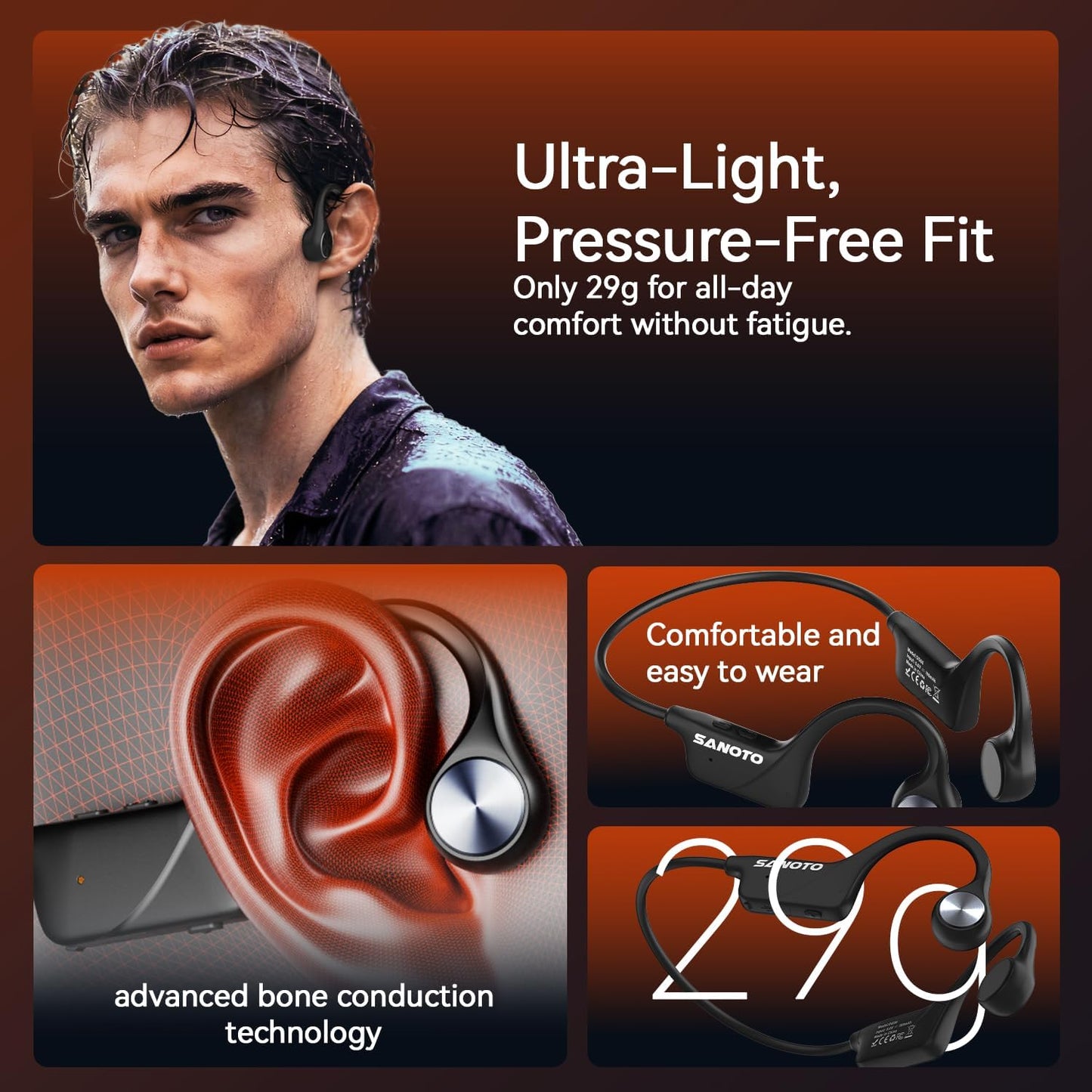 SANOTO Bone Conduction Headphones, Open Ear Headphones IPX5 Sweatproof Bluetooth 5.3, Sports Headphones for Runners Bicycle Cycling Fitness Running headphones Black