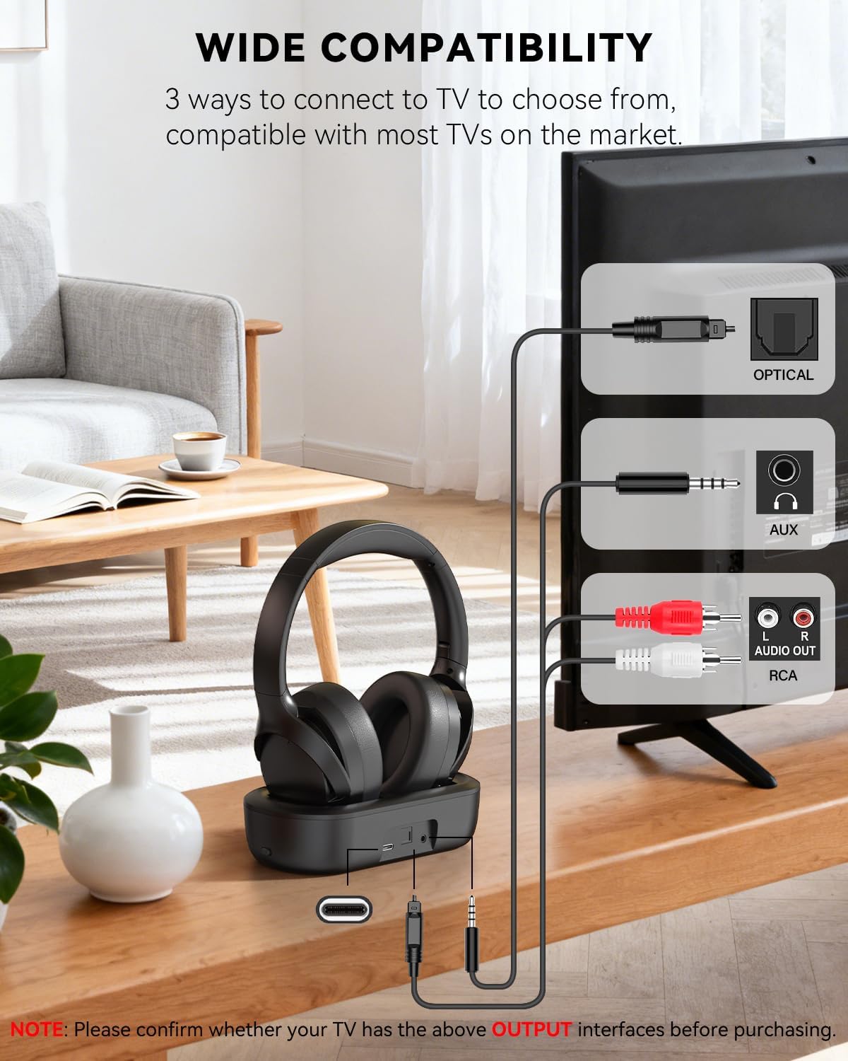ANSTEN Wireless Headphones for TV Watching and Pill Organizer | Digital Optical RCA AUX 3.5 MM Transmitter Charging Dock, Over Ear Headset for Seniors, 30 Hrs Playtime, Plug and Play
