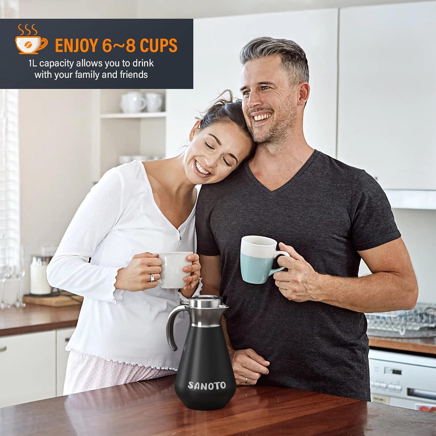 SANOTO Thermos Flask 1 Litre Stainless Steel 304, Teapot Thermal Insulated Coffee Pot, Double-Walled Insulated Jug Stainless Steel, 12 Hours Hot / 24 Hours Cold, Ideal as a Coffee Pot or Teapot