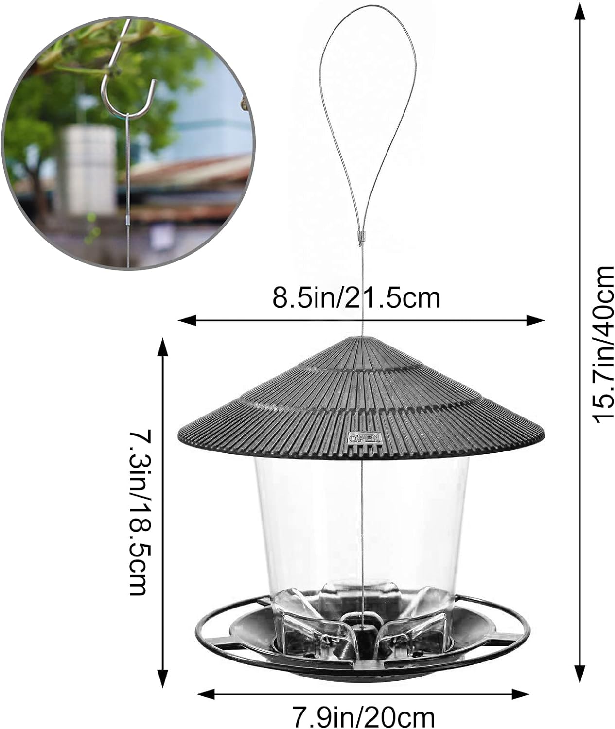 SANOTO Bird Feeder for Birds, Bird Feeder, Bird Feeder for Hanging, Wild Birds, Hanging Cone Flower, Bird Feeder House, Weatherproof, Balcony, Covered - Grey