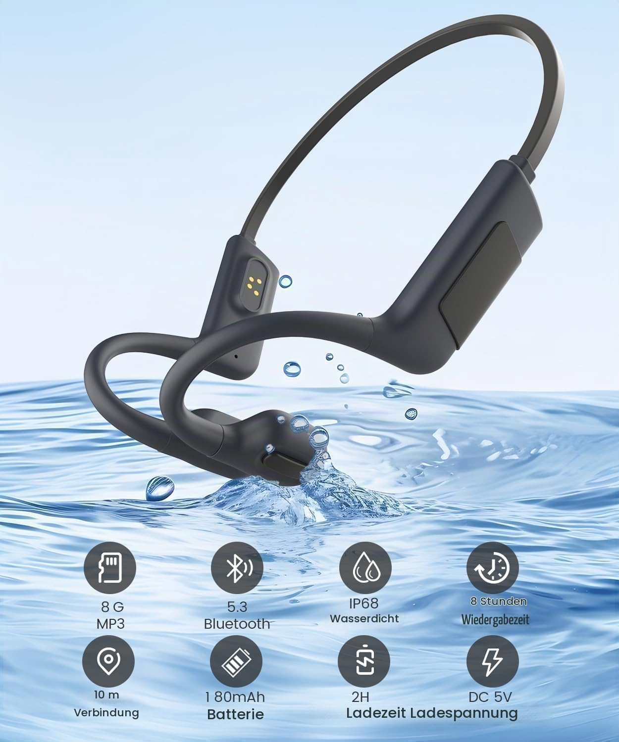 MONODEAL Kopfhörer Schwimmen, IP68 Knochenschall Kopfhörer Bluetooth 5.3 Sport Bone Conduction Kabellos Schwimmen Eingebaute 8GB MP3-Player Speicher, Open Ear Kopfhörer