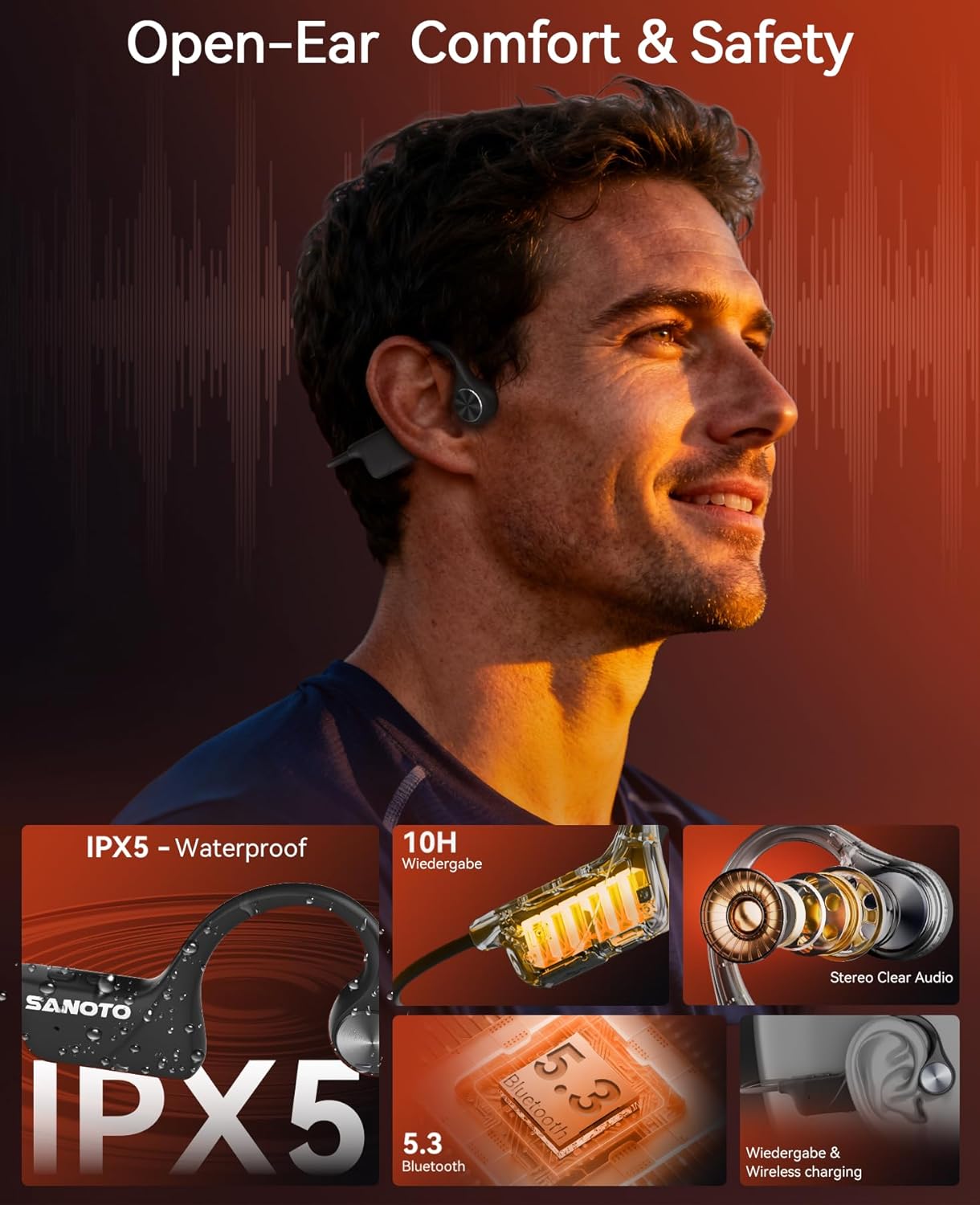 SANOTO Bone Conduction Headphones, Open Ear Headphones IPX5 Sweatproof Bluetooth 5.3, Sports Headphones for Runners Bicycle Cycling Fitness Running headphones Black