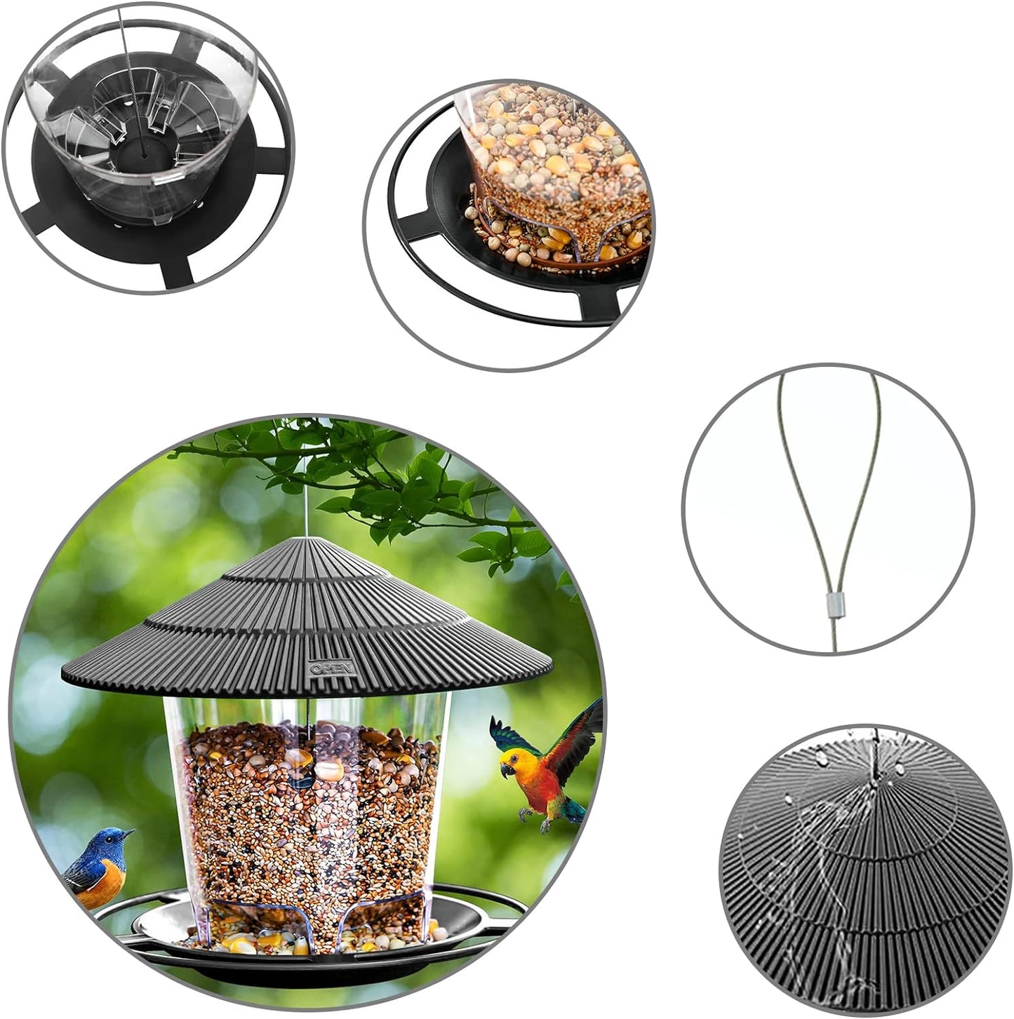 SANOTO Bird Feeder for Birds, Bird Feeder, Bird Feeder for Hanging, Wild Birds, Hanging Cone Flower, Bird Feeder House, Weatherproof, Balcony, Covered - Grey