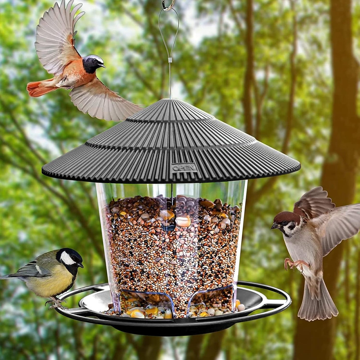 SANOTO Bird Feeder for Birds, Bird Feeder, Bird Feeder for Hanging, Wild Birds, Hanging Cone Flower, Bird Feeder House, Weatherproof, Balcony, Covered - Grey